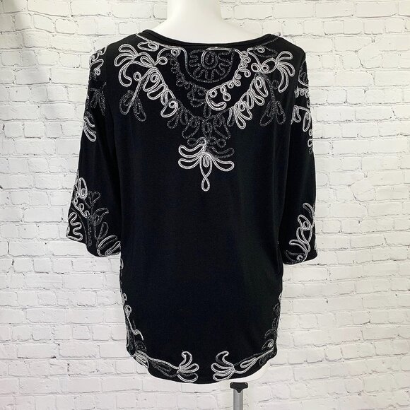 ONCE AGAIN BLACK & WHITE METALLIC THREAD SWIRL DESIGN TUNIC TOP - 1X - Picture 3 of 5